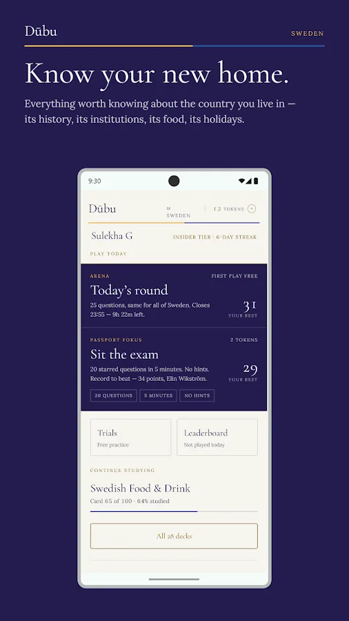 Dūbu's Home screen with today's round and the mock exam